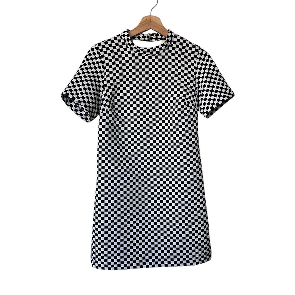 ZARA S Y2K Black White Checked Plaid Sleeve Mini Dress